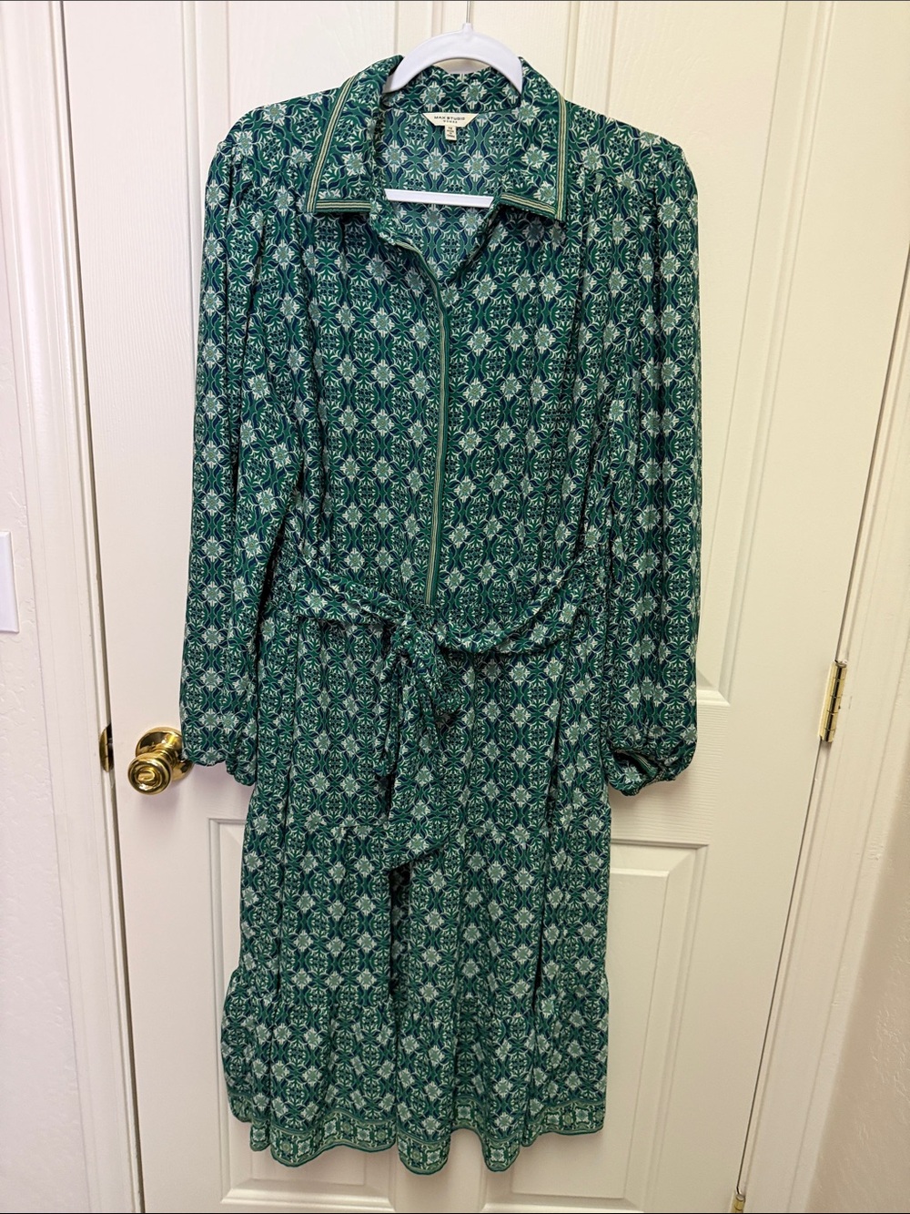 Green Printed Long-Sleeve Belted Shirt Dress by Max Studio women 1X